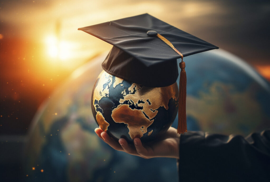 a hand crafted graduation cap enlivened with a globe and school symbol, in the style of multiple filter effect, elizabeth gadd, digitally enhanced, harriet backer, dusseldorf school of photography, exotic, internet academia --ar 76:51 --v 5.2 Job ID: a100e94e-3dc2-4b99-9164-175498cee670